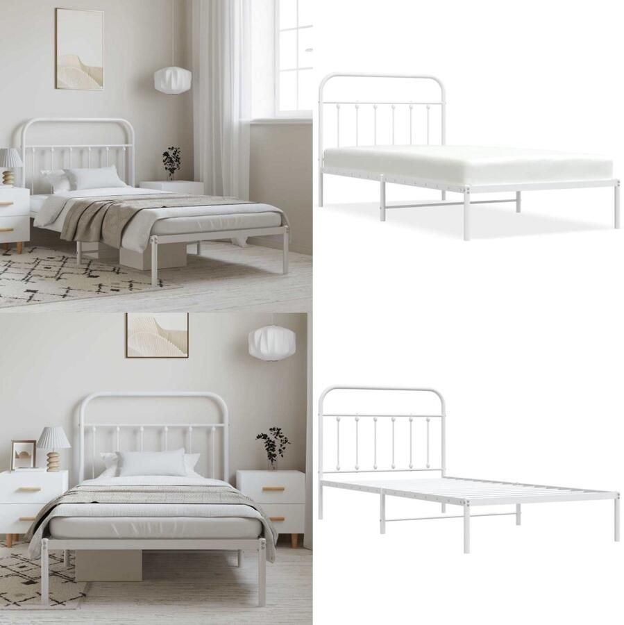 VidaXL Bedframe met hoofdbord metaal wit 100x200 cm Bedframe Bedframes Eenpersoonsbed Bed
