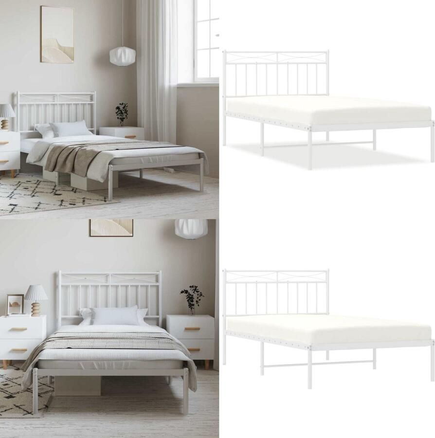 VidaXL Bedframe met hoofdbord metaal wit 100x200 cm Bedframe Bedframes Eenpersoonsbed Bed