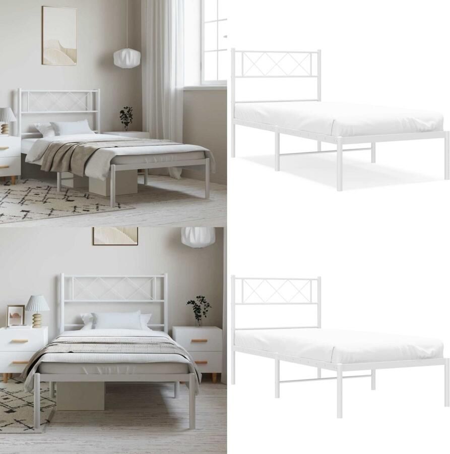 VidaXL Bedframe met hoofdbord metaal wit 100x200 cm Bedframe Bedframes Eenpersoonsbed Bed