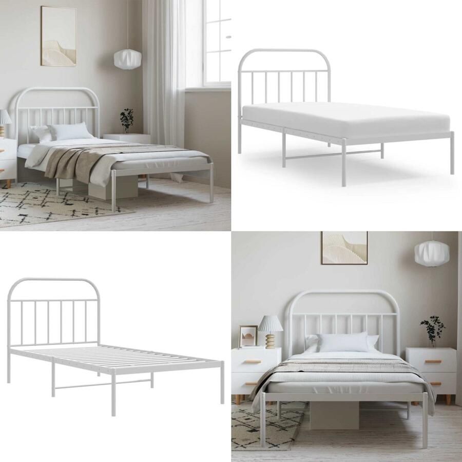 VidaXL Bedframe met hoofdbord metaal wit 100x200 cm Bedframe Bedframes Eenpersoonsbed Bed