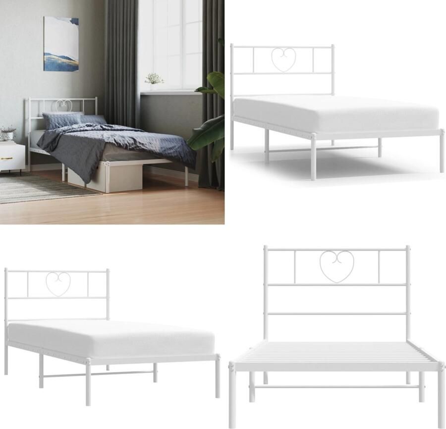 VidaXL Bedframe met hoofdbord metaal wit 107x203 cm Bedframe Bedframes Bed Bedbodem