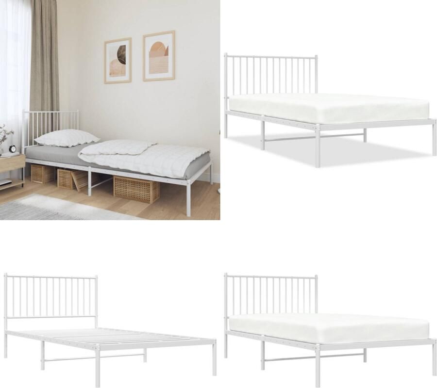 VidaXL Bedframe met hoofdbord metaal wit 107x203 cm Bedframe Bedframes Eenpersoonsbed Bed