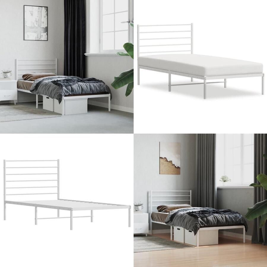 VidaXL Bedframe met hoofdbord metaal wit 107x203 cm Bedframe Bedframes Eenpersoonsbed Bed