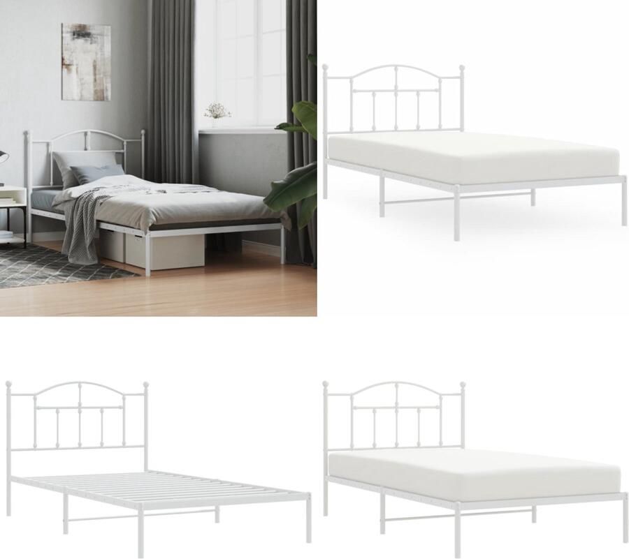 VidaXL Bedframe met hoofdbord metaal wit 107x203 cm Bedframe Bedframes Eenpersoonsbed Bed