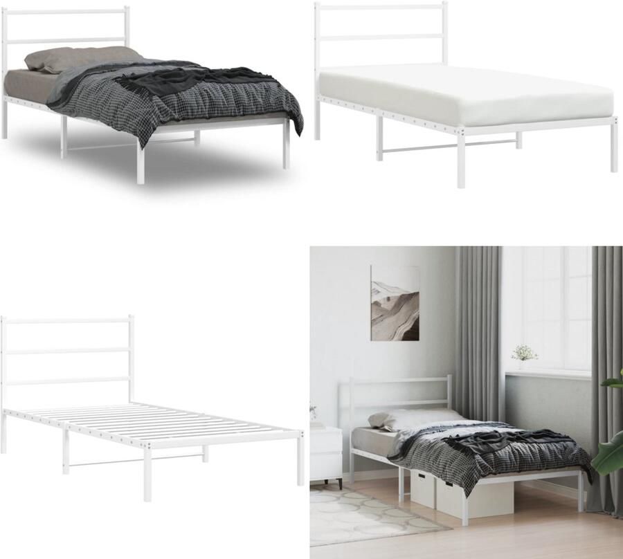 VidaXL Bedframe met hoofdbord metaal wit 107x203 cm Bedframe Bedframes Eenpersoonsbed Bed