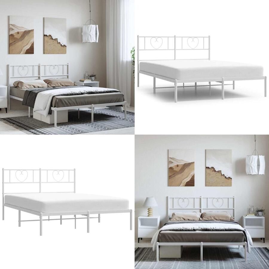 VidaXL Bedframe met hoofdbord metaal wit 135x190 cm Bedframe Bedframes Bed Bedbodem