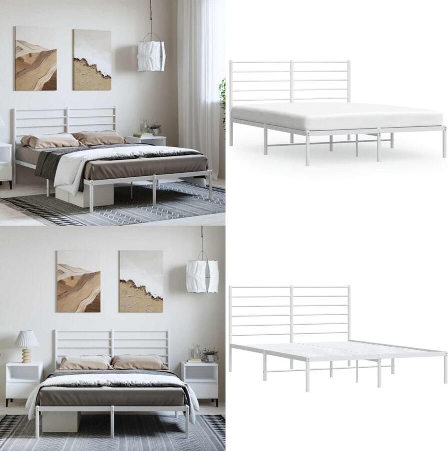 VidaXL Bedframe met hoofdbord metaal wit 135x190 cm Bedframe Bedframes Tweepersoonsbed Bed - Foto 2