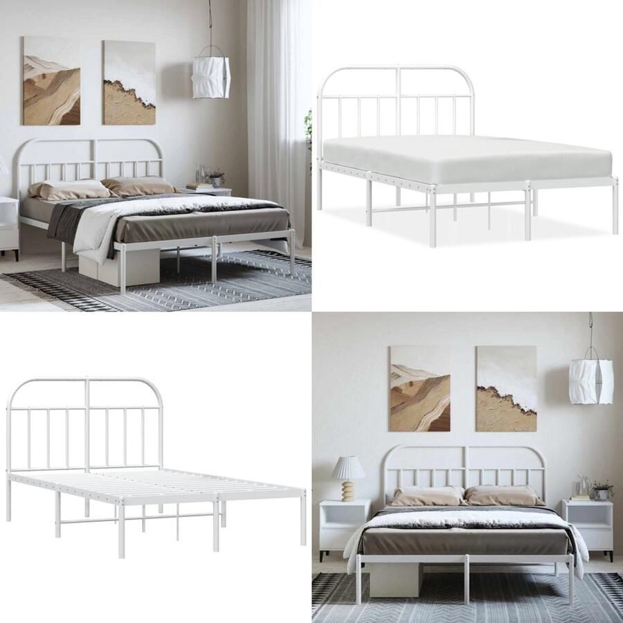 VidaXL Bedframe met hoofdbord metaal wit 135x190 cm Bedframe Bedframes Tweepersoonsbed Bed