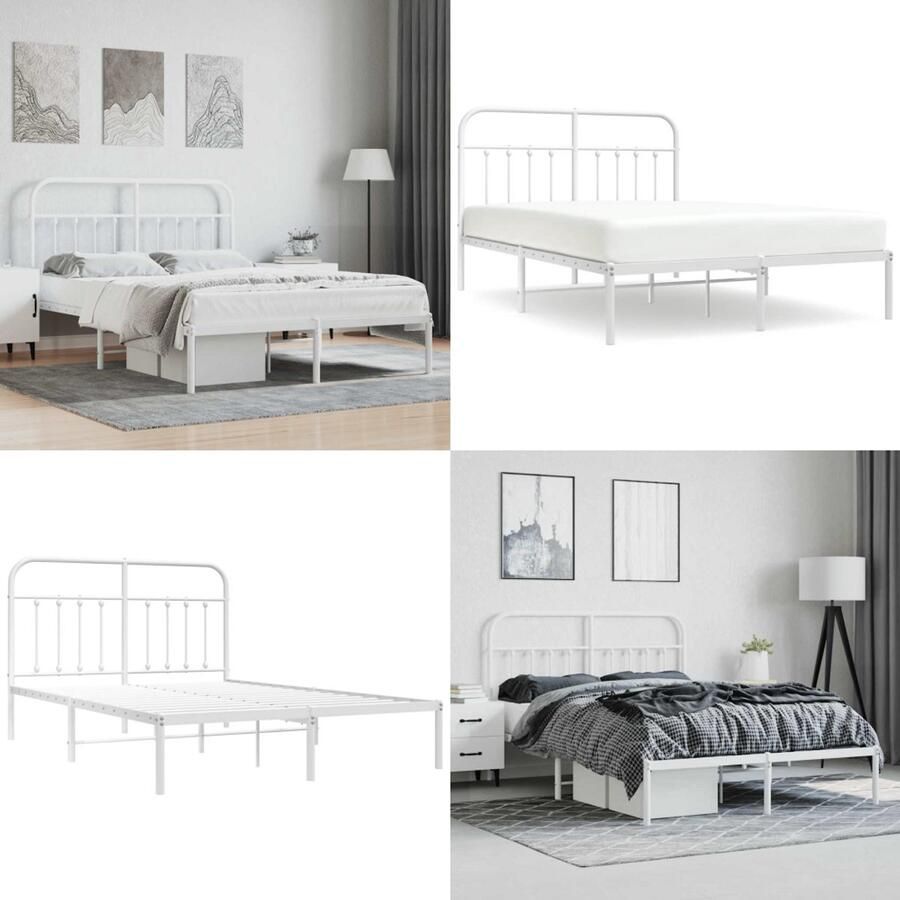 VidaXL Bedframe met hoofdbord metaal wit 135x190 cm Bedframe Bedframes Tweepersoonsbed Bed