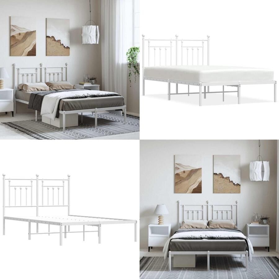 VidaXL Bedframe met hoofdbord metaal wit 135x190 cm Bedframe Bedframes Tweepersoonsbed Bed