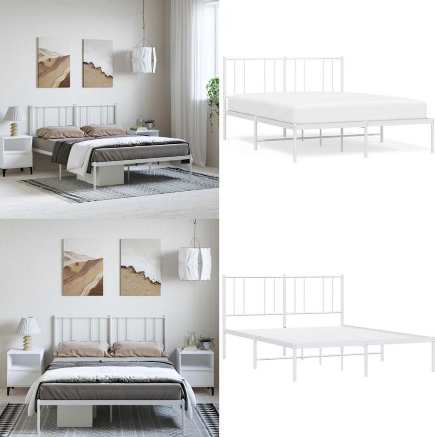 VidaXL Bedframe met hoofdbord metaal wit 135x190 cm Bedframe Bedframes Tweepersoonsbed Bed