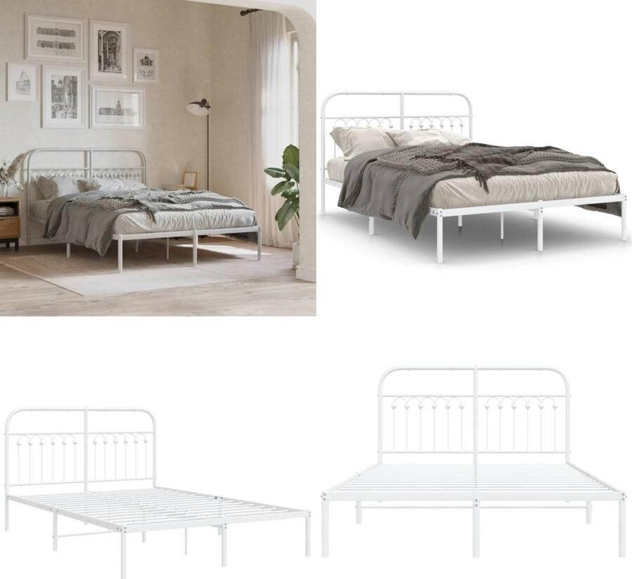 VidaXL Bedframe met hoofdbord metaal wit 135x190 cm Bedframe Bedframes Tweepersoonsbed Bed