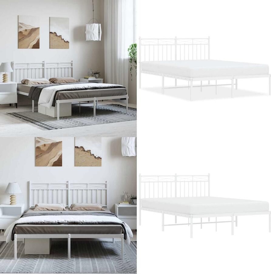 VidaXL Bedframe met hoofdbord metaal wit 135x190 cm Bedframe Bedframes Tweepersoonsbed Bed