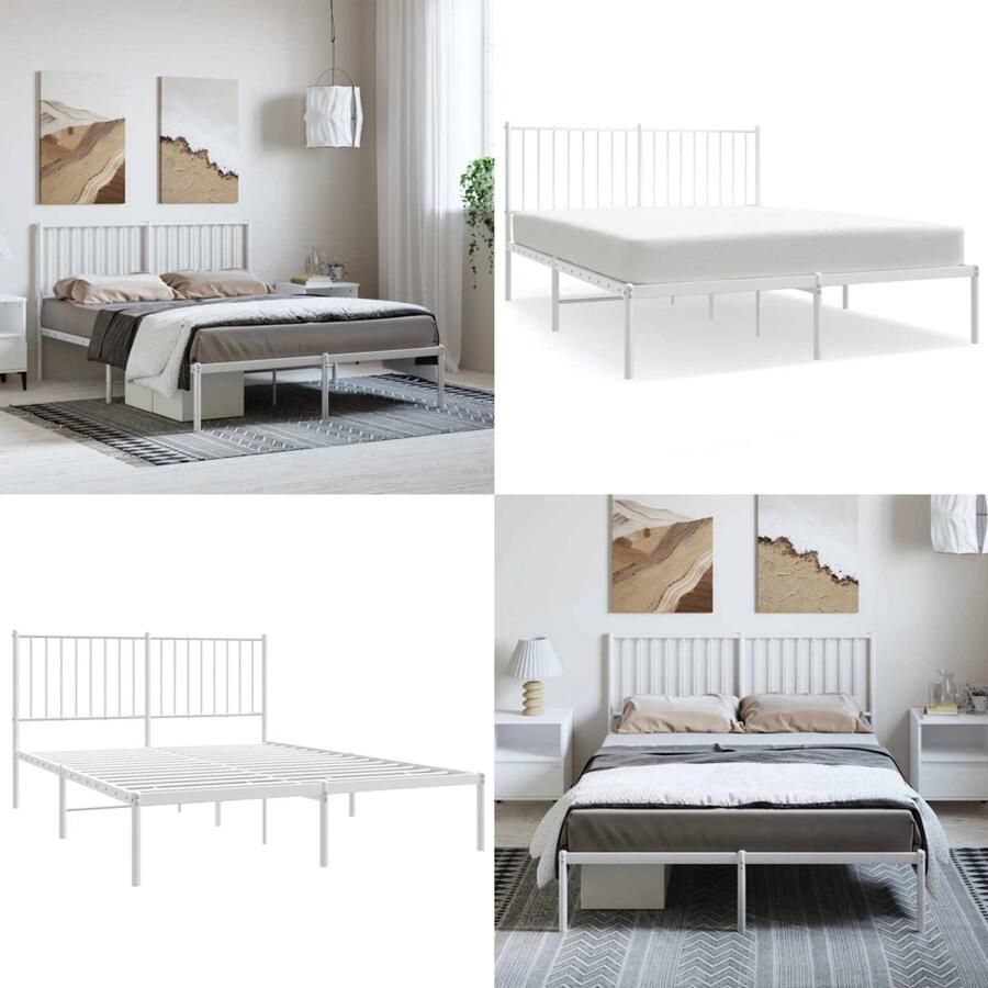 VidaXL Bedframe met hoofdbord metaal wit 135x190 cm Bedframe Bedframes Tweepersoonsbed Bed