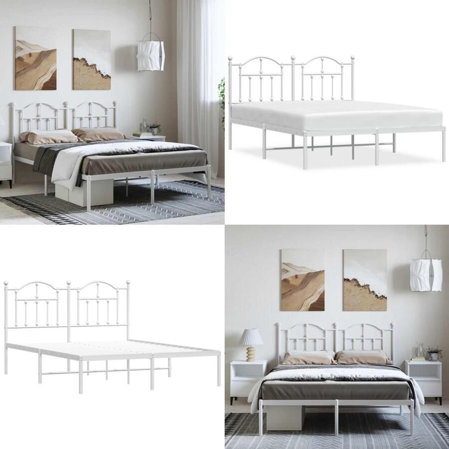 VidaXL Bedframe met hoofdbord metaal wit 135x190 cm Bedframe Bedframes Tweepersoonsbed Bed