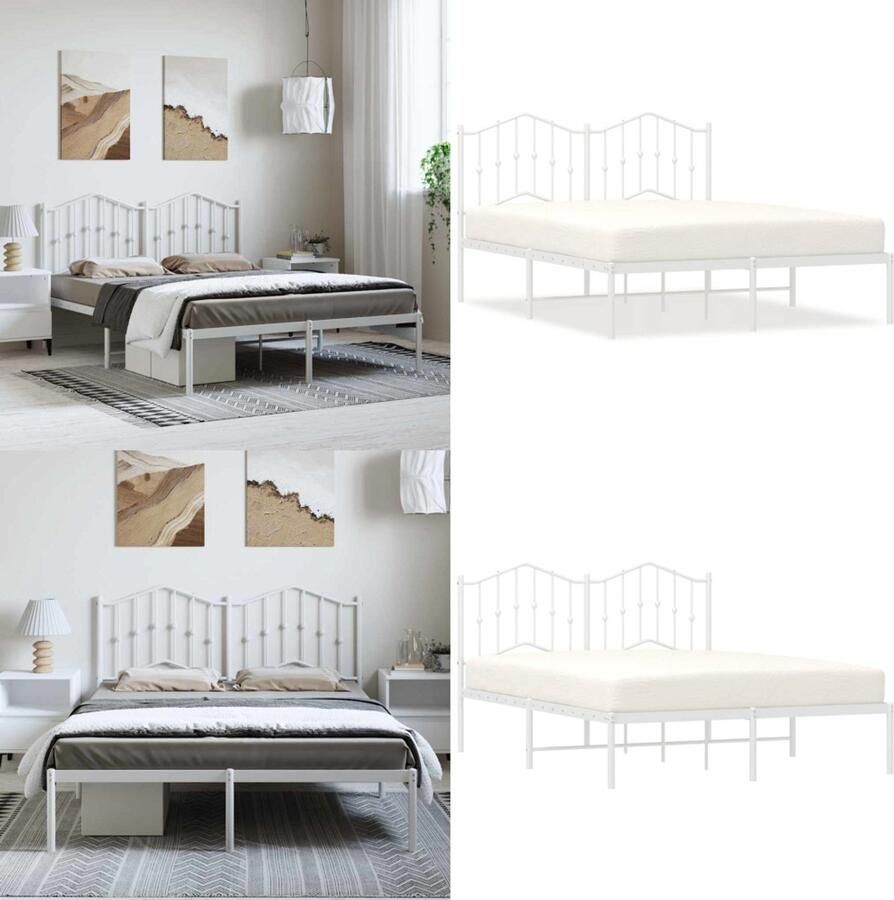 VidaXL Bedframe met hoofdbord metaal wit 135x190 cm Bedframe Bedframes Tweepersoonsbed Bed