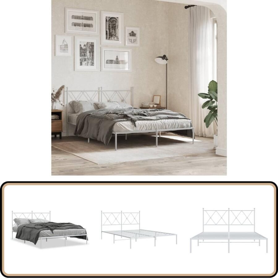 VidaXL Bedframe met hoofdbord metaal wit 135x190 cm