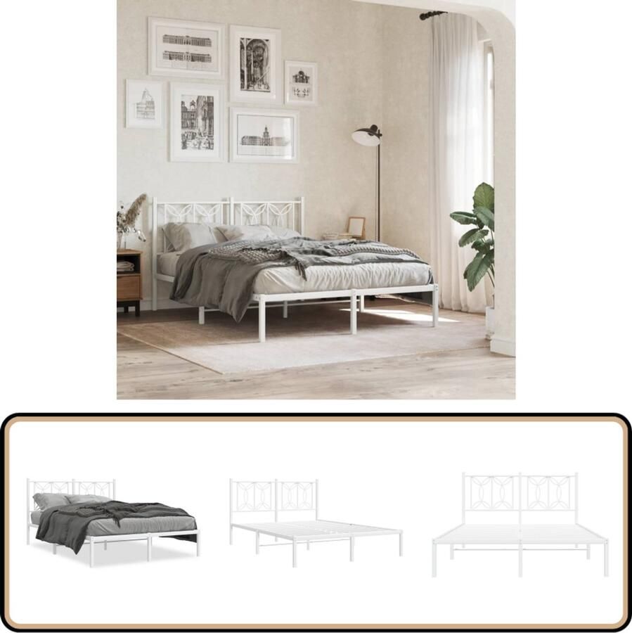 VidaXL Bedframe met hoofdbord metaal wit 135x190 cm