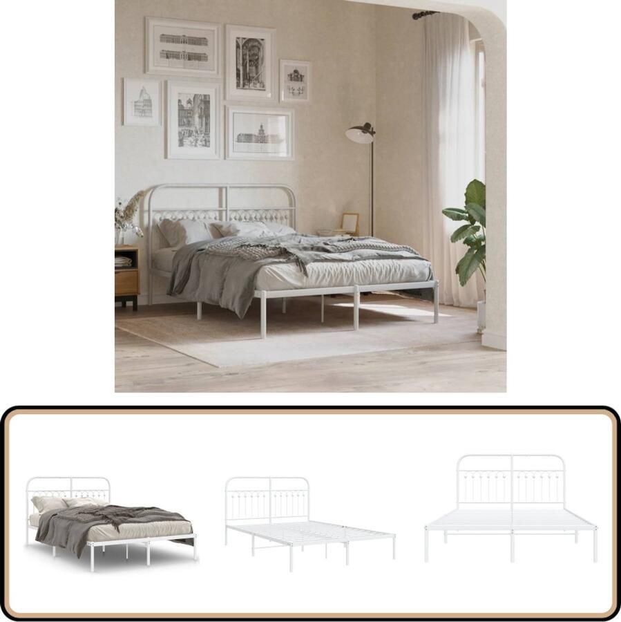 VidaXL Bedframe Met Hoofdbord Metaal Wit 135x190cm Staal Frame Metalen Bed Tweepersoons Bed Boxspring Bed Witte Bed