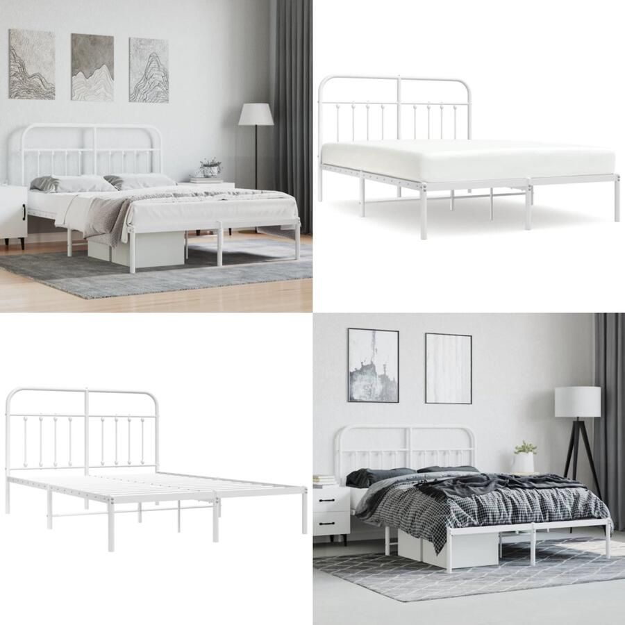 VidaXL Bedframe met hoofdbord metaal wit 140x190 cm Bedframe Bedframes Tweepersoonsbed Bed