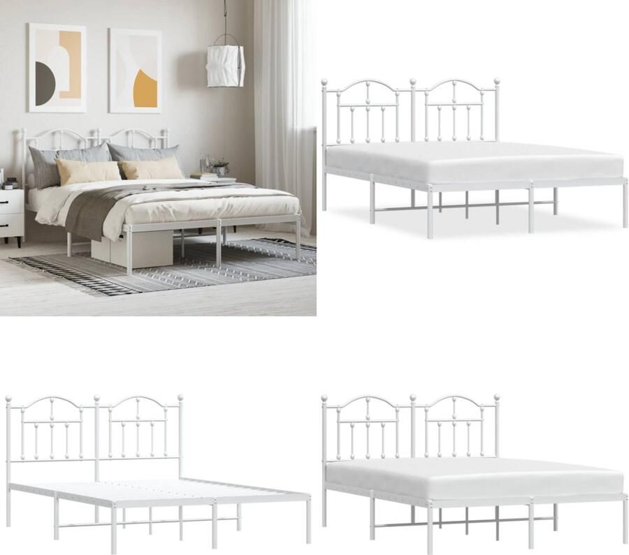VidaXL Bedframe met hoofdbord metaal wit 140x190 cm Bedframe Bedframes Tweepersoonsbed Bed