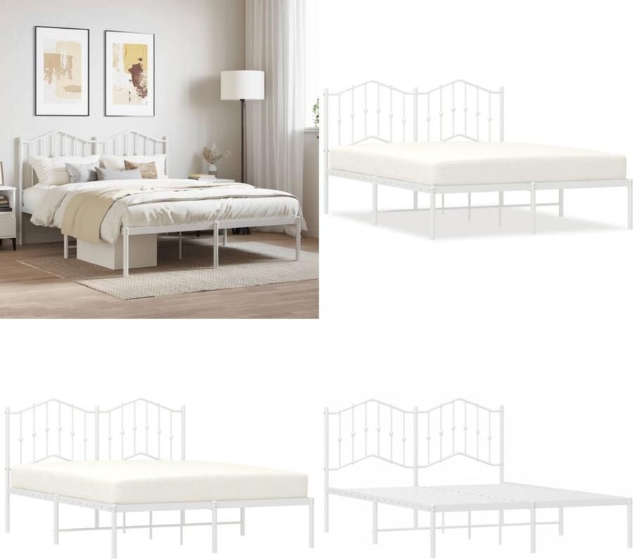 VidaXL Bedframe met hoofdbord metaal wit 140x190 cm Bedframe Bedframes Tweepersoonsbed Bed