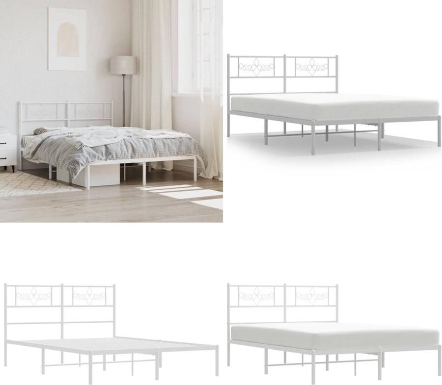 VidaXL Bedframe met hoofdbord metaal wit 140x200 cm Bedframe Bedframes Bed Bedbodem