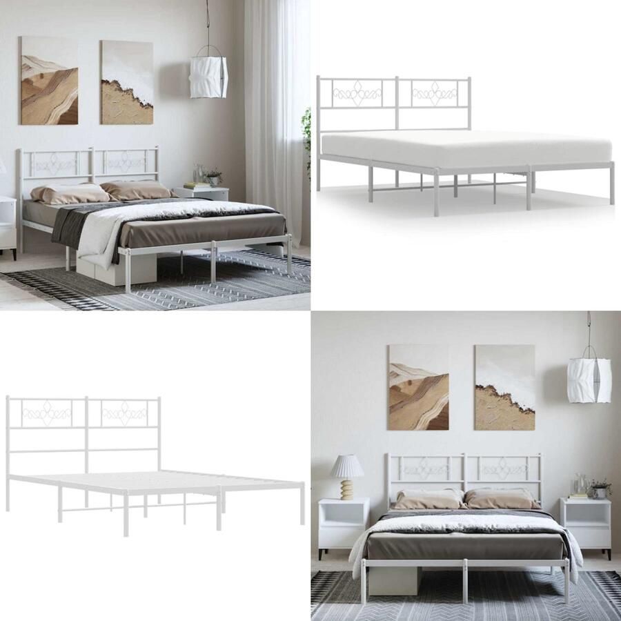 VidaXL Bedframe met hoofdbord metaal wit 150x200 cm Bedframe Bedframes Bed Bedbodem