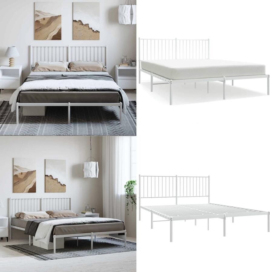 VidaXL Bedframe met hoofdbord metaal wit 150x200 cm Bedframe Bedframes Tweepersoonsbed Bed