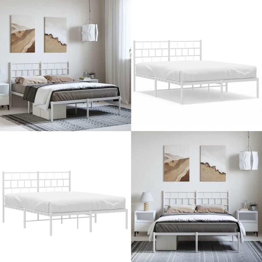 VidaXL Bedframe met hoofdbord metaal wit 150x200 cm Bedframe Bedframes Tweepersoonsbed Bed