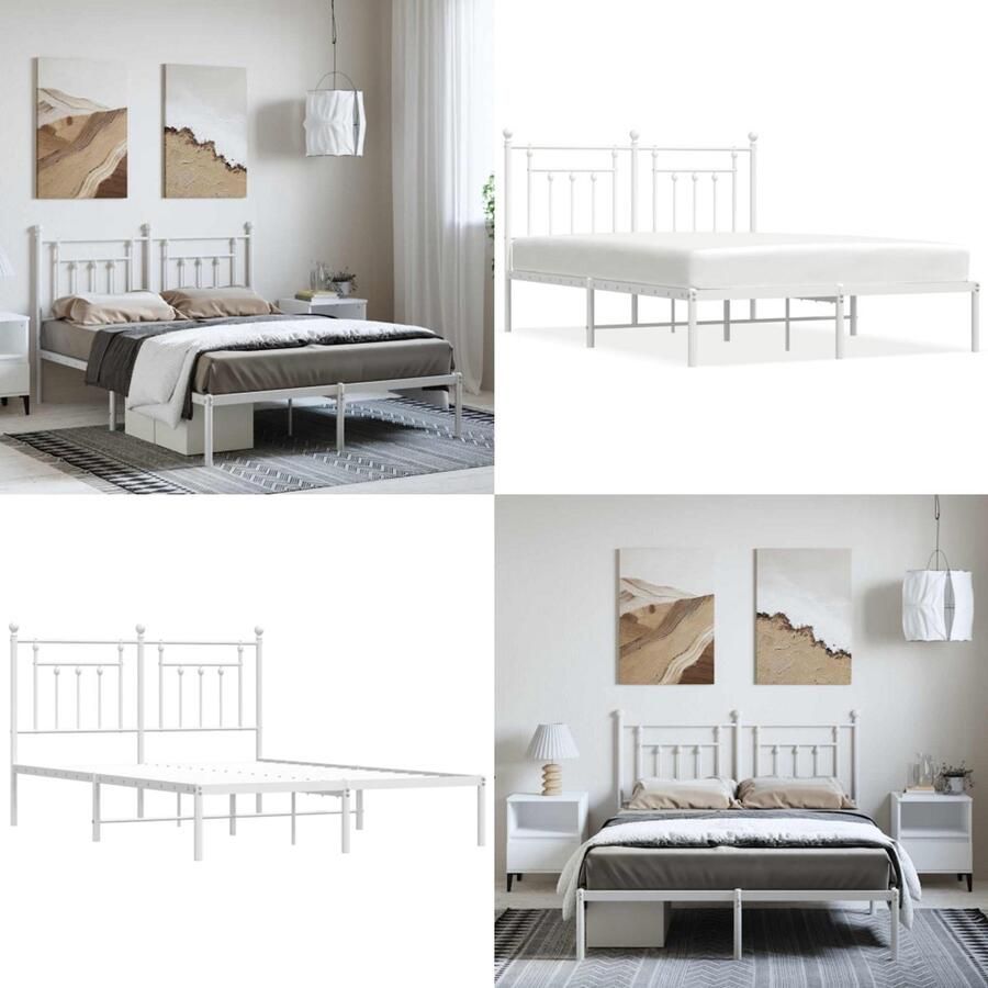 VidaXL Bedframe met hoofdbord metaal wit 150x200 cm Bedframe Bedframes Tweepersoonsbed Bed