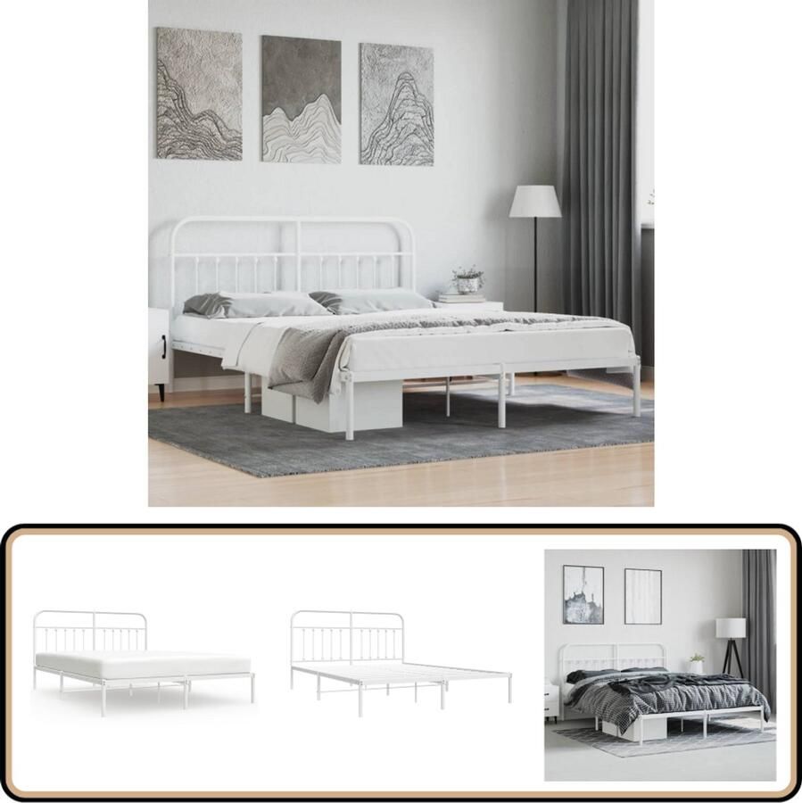 VidaXL Bedframe Met Hoofdbord Metaal Wit 160x200 cm Robuust Bedframe Metalen Bedframe Houten Bedframe Boxspring Bed Tweepersoons Bed King Size Bed Enkelpersoonlig Bed Slaapcomfort Slaapkamer Decoratie Modern Bedframe