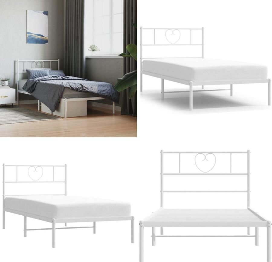 VidaXL Bedframe met hoofdbord metaal wit 80x200 cm Bedframe Bedframes Bed Bedbodem