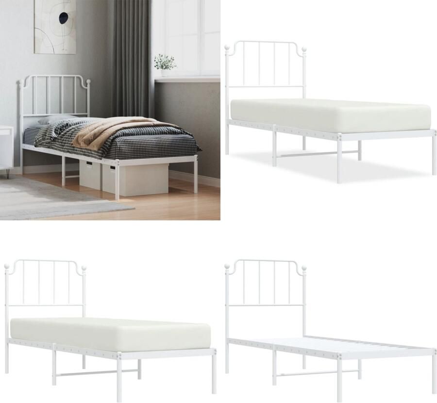 The Living Store Bedframe Klassiek Wit 207x85x90 cm Robuuste metalen constructie Wit Bedframe Metalen Bedframe Klassiek Bedframe 80x200 Bedframe Met Hoofdbord