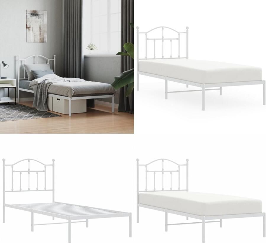 VidaXL Bedframe met hoofdbord metaal wit 80x200 cm Bedframe Bedframes Eenpersoonsbed Bed