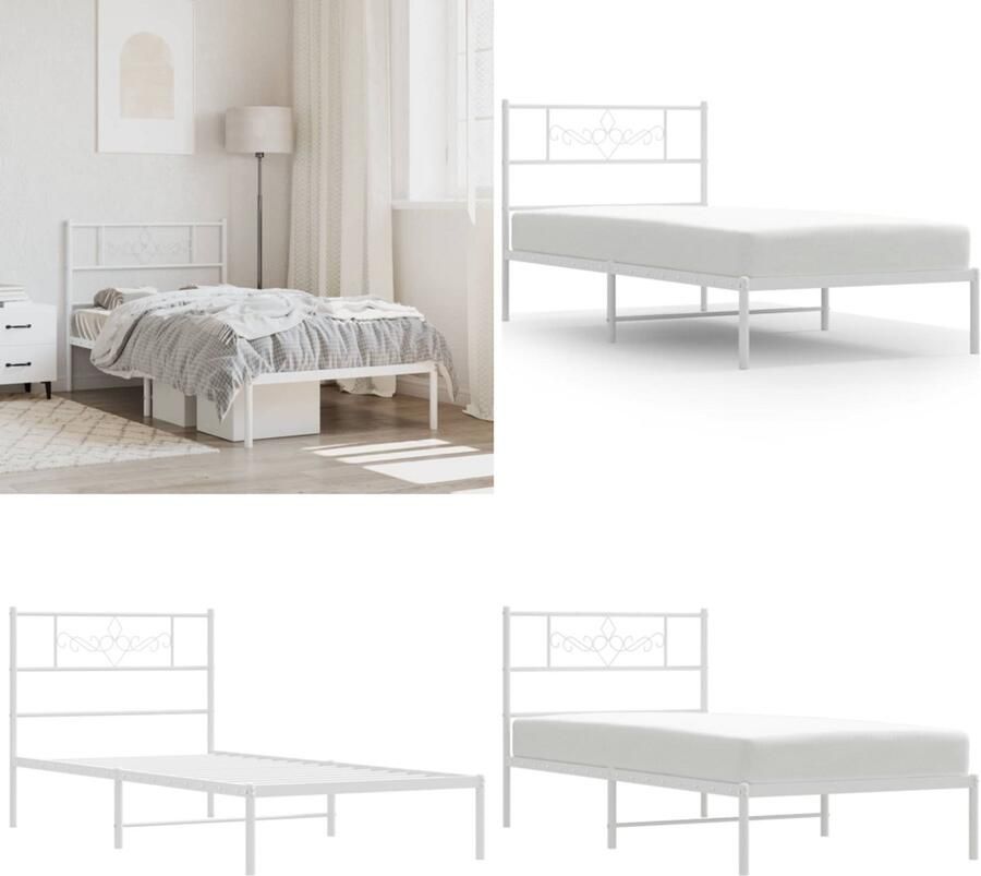 VidaXL Bedframe met hoofdbord metaal wit 90x190 cm Bedframe Bedframes Bed Bedbodem
