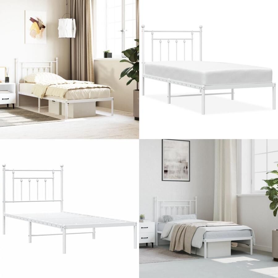 VidaXL Bedframe met hoofdbord metaal wit 90x190 cm Bedframe Bedframes Eenpersoonsbed Bed