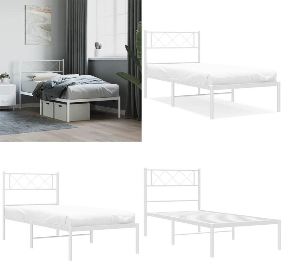 VidaXL Bedframe met hoofdbord metaal wit 90x190 cm Bedframe Bedframes Eenpersoonsbed Bed - Foto 3
