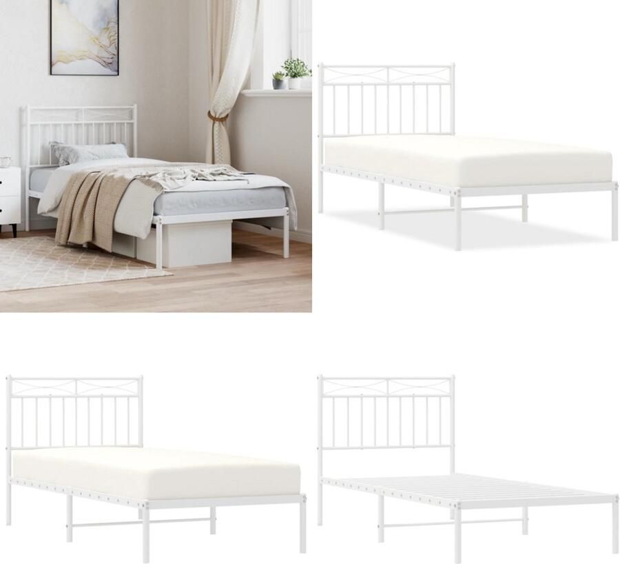 VidaXL Bedframe met hoofdbord metaal wit 90x190 cm Bedframe Bedframes Eenpersoonsbed Bed