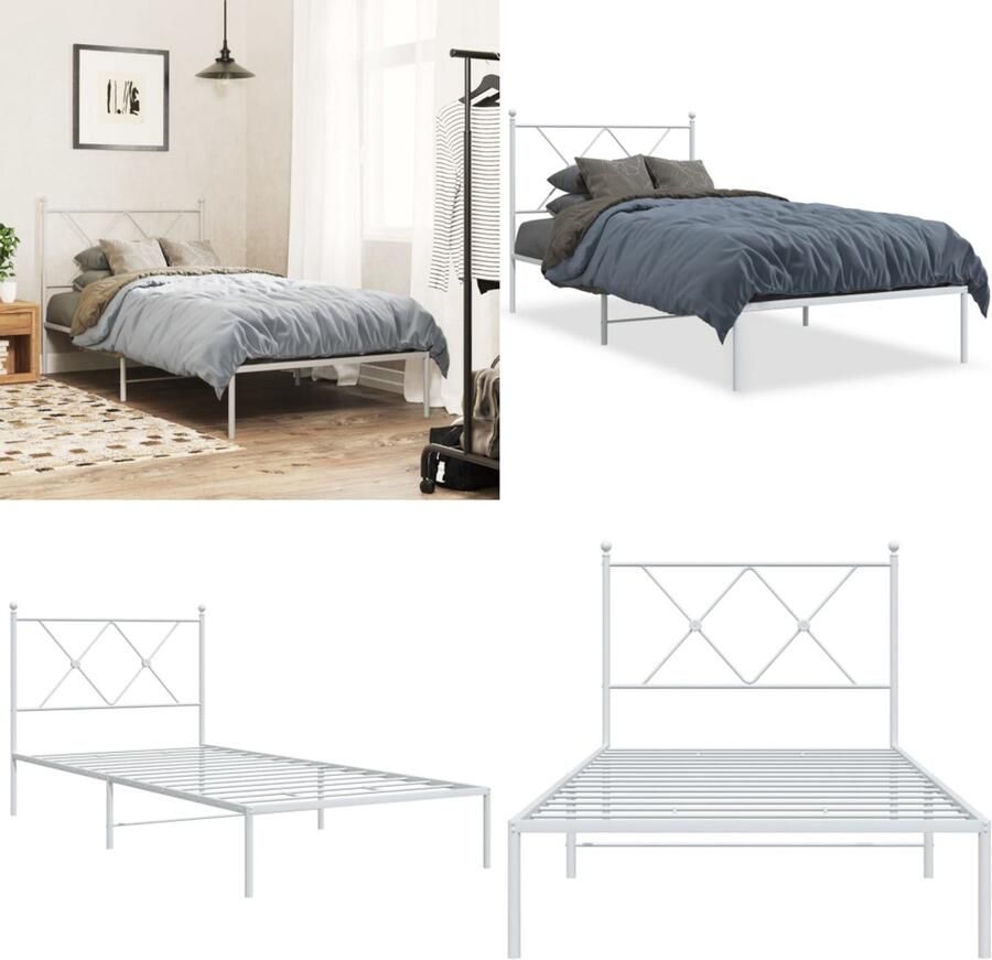 VidaXL Bedframe met hoofdbord metaal wit 90x190 cm Bedframe Bedframes Eenpersoonsbed Bed - Foto 2