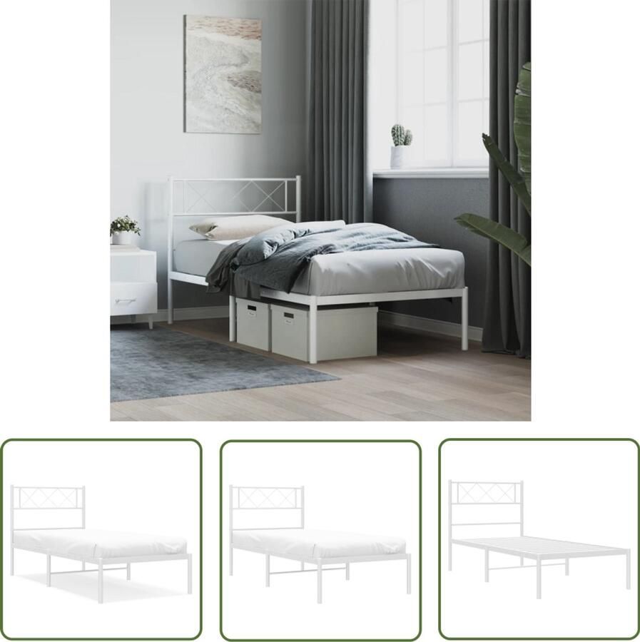 VidaXL Bedframe Met hoofdbord Metaal Wit 90x190 cm Klassieke Bed Frame Metalen Bed Witte Bed Slaapcomfort Eenpersoonsbed Compact Bed Modern Bed Minimalistisch Bed Budgetvriendelijke Bed