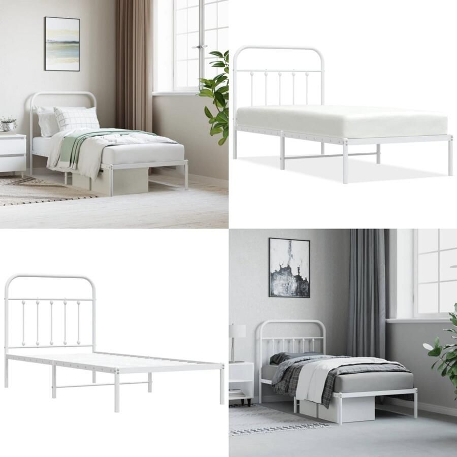 VidaXL Bedframe met hoofdbord metaal wit 90x200 cm Bedframe Bedframes Eenpersoonsbed Bed