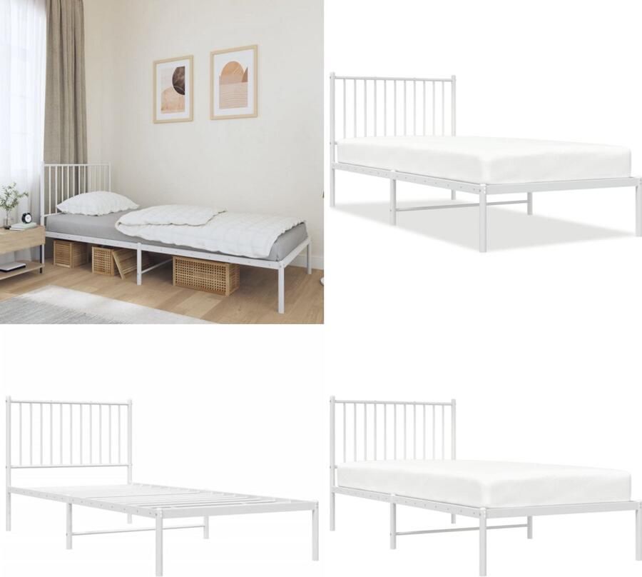 VidaXL Bedframe met hoofdbord metaal wit 90x200 cm Bedframe Bedframes Eenpersoonsbed Bed