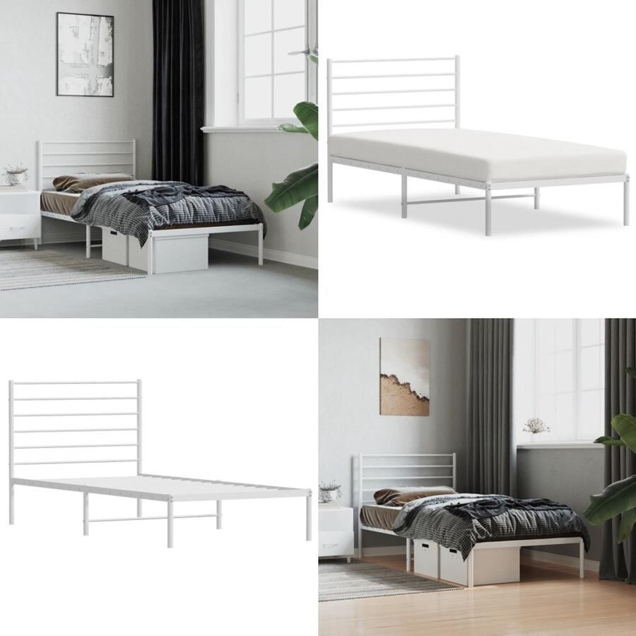 VidaXL Bedframe met hoofdbord metaal wit 90x200 cm Bedframe Bedframes Eenpersoonsbed Bed