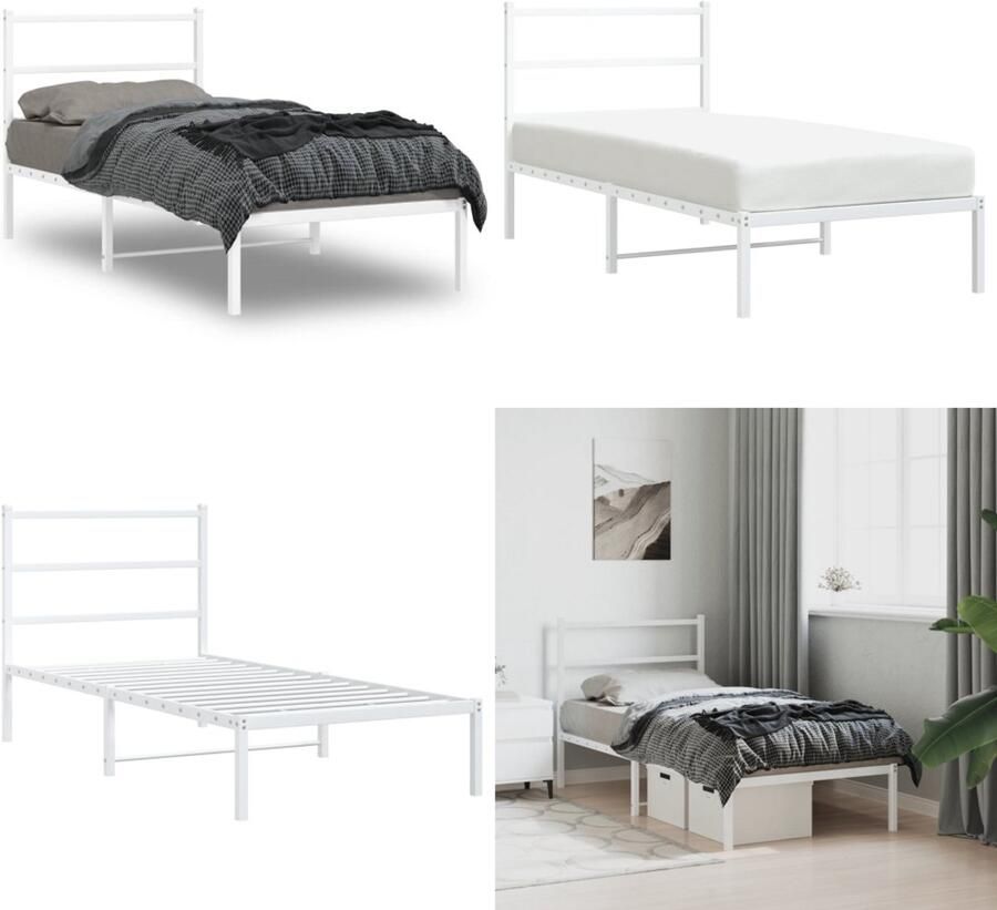 VidaXL Bedframe met hoofdbord metaal wit 90x200 cm Bedframe Bedframes Eenpersoonsbed Bed