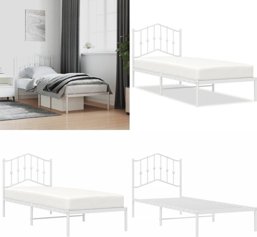VidaXL Bedframe met hoofdbord metaal wit 90x200 cm Bedframe Bedframes Eenpersoonsbed Bed