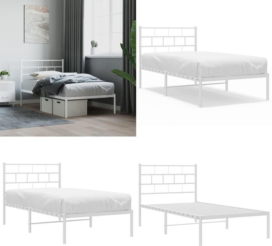 VidaXL Bedframe met hoofdbord metaal wit 90x200 cm Bedframe Bedframes Eenpersoonsbed Bed - Foto 5