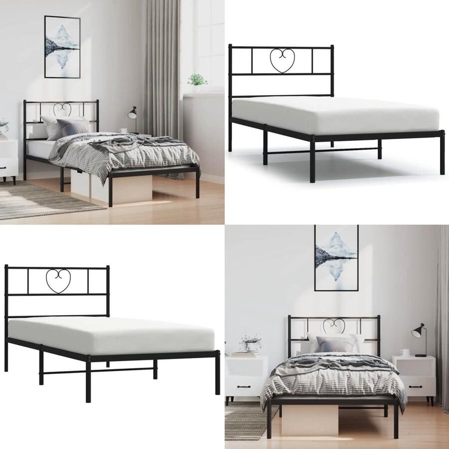 VidaXL Bedframe met hoofdbord metaal zwart 100x190 cm Bedframe Bedframes Bed Bedbodem