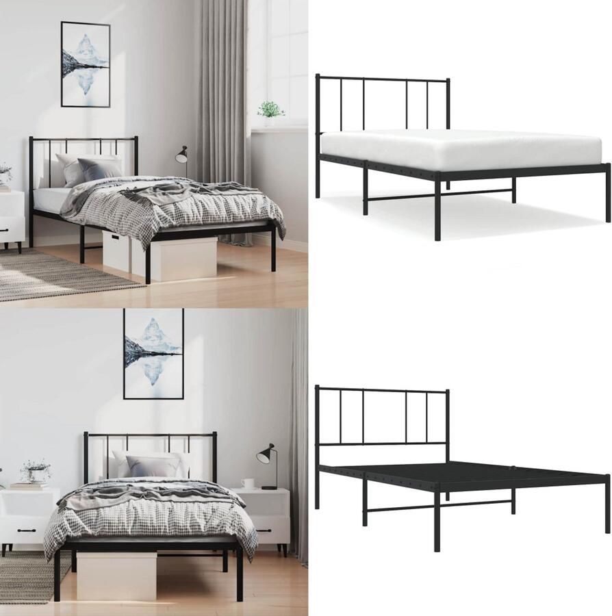 VidaXL Bedframe met hoofdbord metaal zwart 100x190 cm Bedframe Bedframes Eenpersoonsbed Bed
