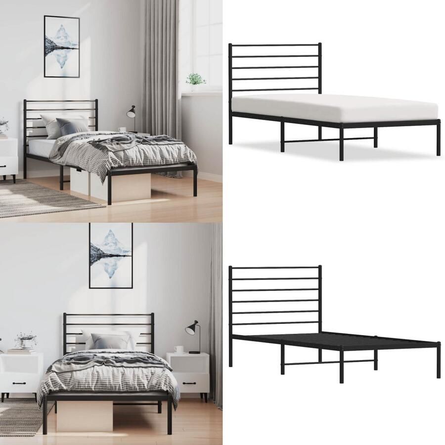 VidaXL Bedframe met hoofdbord metaal zwart 100x190 cm Bedframe Bedframes Eenpersoonsbed Bed
